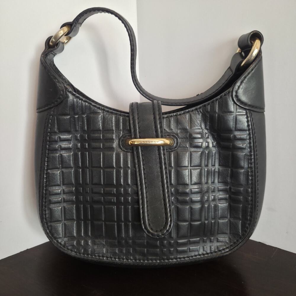 Burberry Black Check Embossed Leather Shoulder Bag Cresent Shape